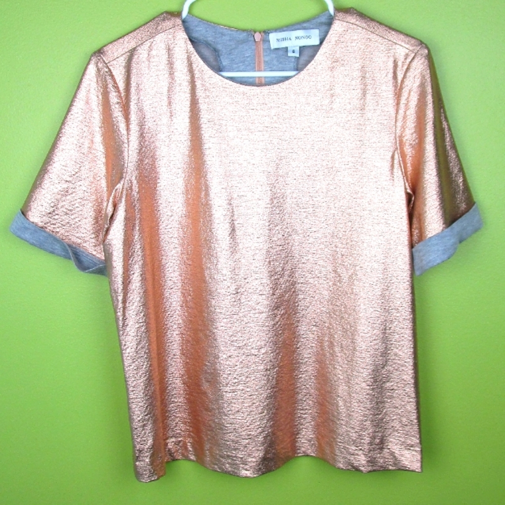 Misha Nonoo Rose Gold Foiled Tee Shirt Blouse 6